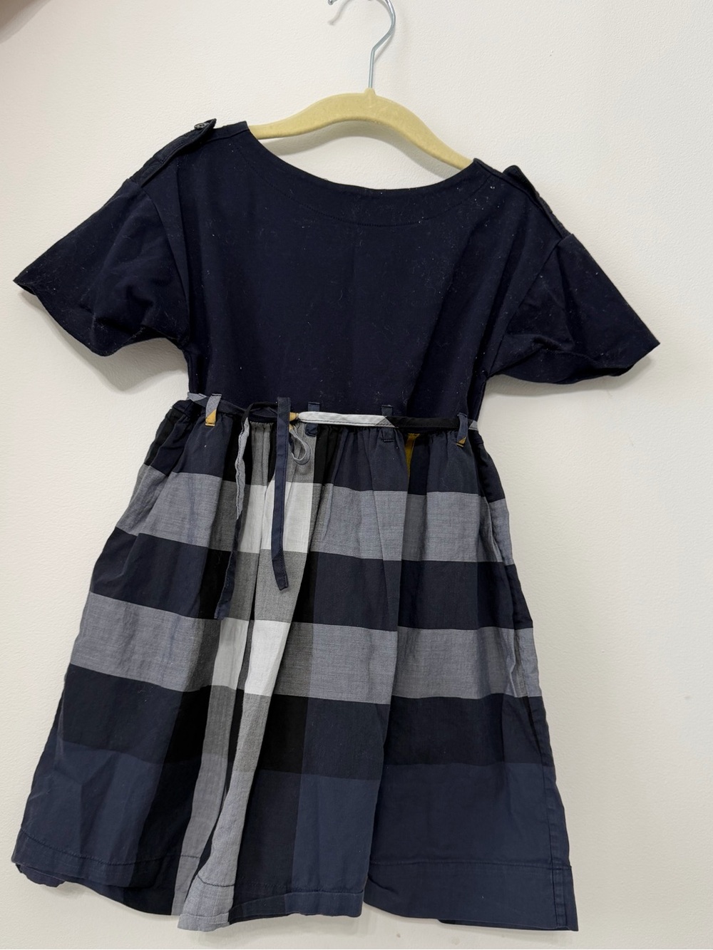 Burberry Navy and Gray Short-Sleeve Plaid Waist-Tie Dress